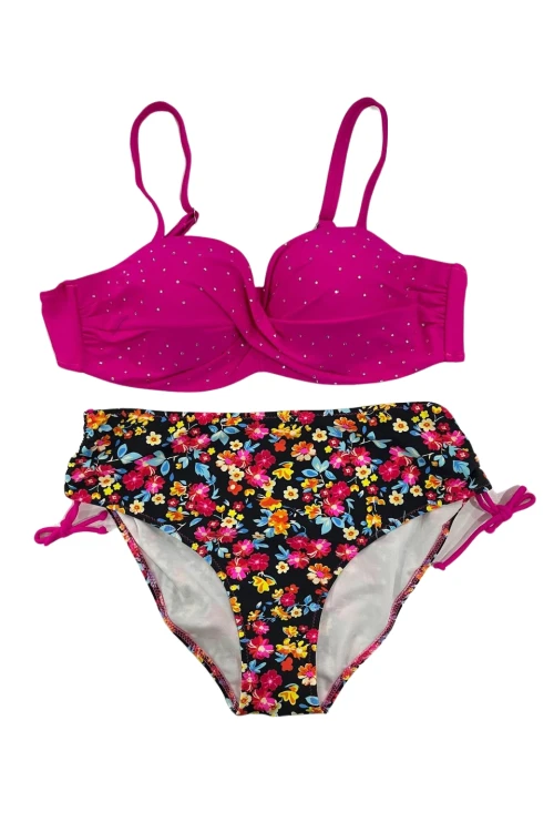 Kadın Fuşya Çiçek Desenli Taş İşlemeli Büyük Beden Astarlı Bikini Takım HZL25S-LC3312