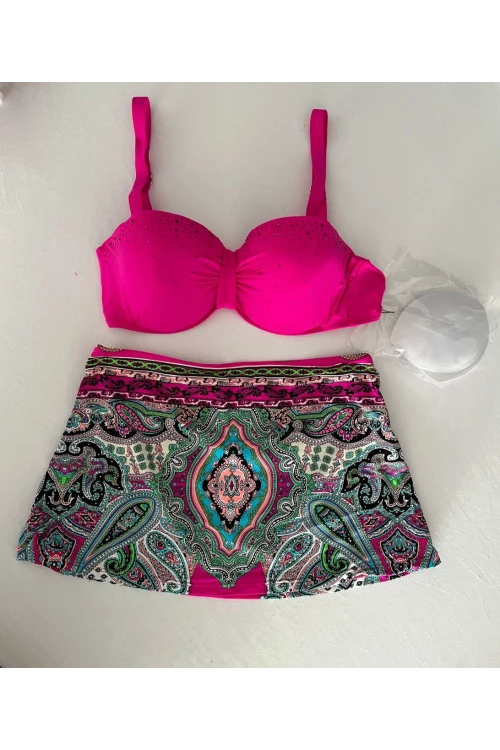 Kadın Fuşya Taş İşlemeli Desenli 3 Parça Bikini Takım HZL25S-LC3326