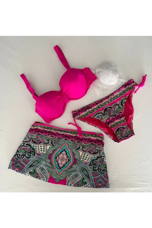 Kadın Fuşya Taş İşlemeli Desenli 3 Parça Bikini Takım HZL25S-LC3326