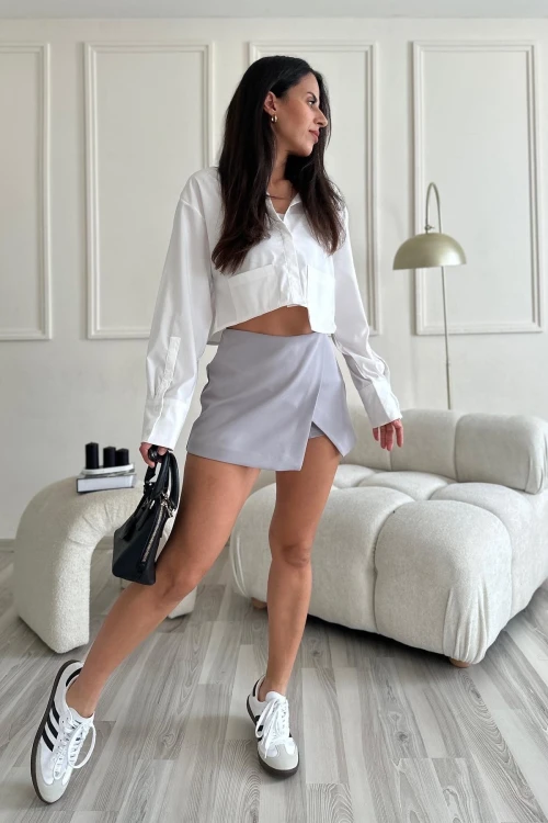 Kadın Gri Asimetrik Kesim Şort Etek HZL25S-ZK10511