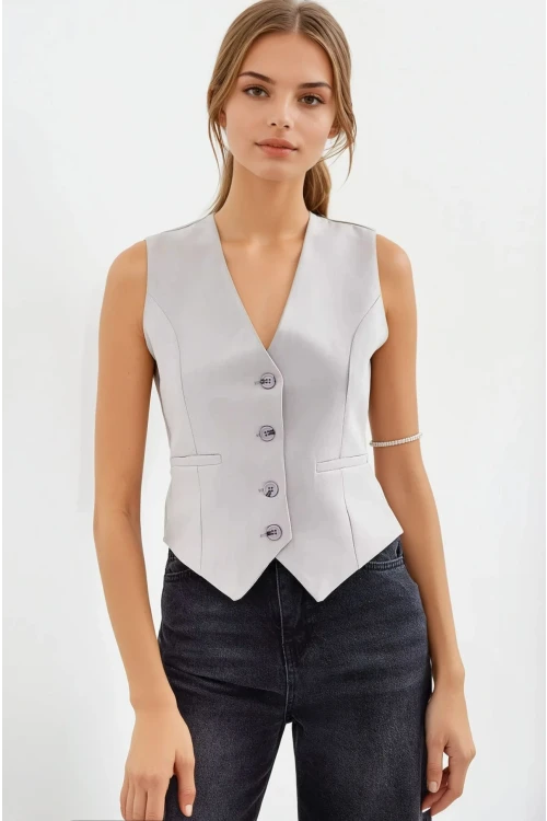 Kadın Gri Düğmeli Astarlı Yelek HZL25S-BD167961