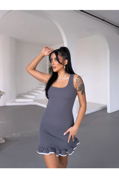 Kadın Gri Eteği Fırfırlı Burgu Kumaş Mini Elbise HZL25S-FRY122971