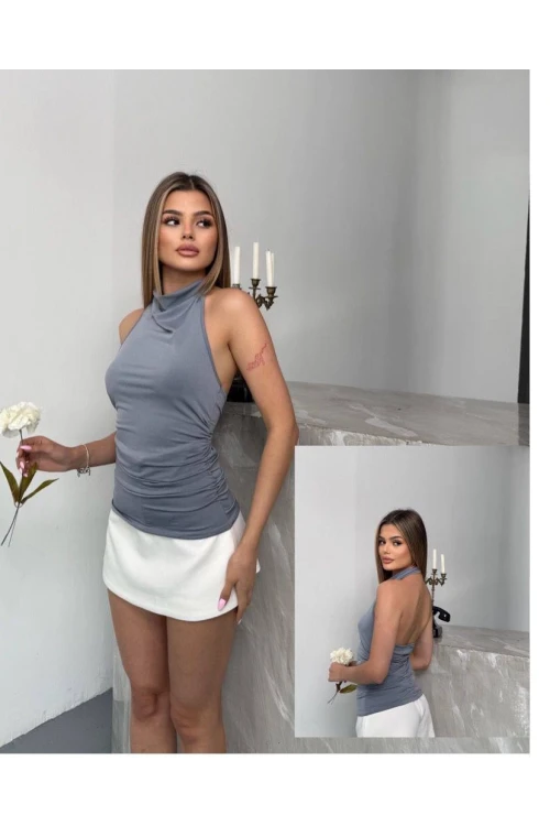 Kadın Gri Halter Yaka Sırtı Açık Sandy Bluz HZL25S-FRY123141