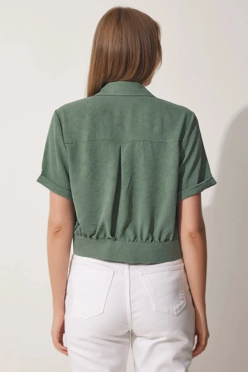 Kadın Haki Cepli Düğmeli Kısa Kollu Yazlık  Crop Gömlek Ceket HZL22S-BD106631