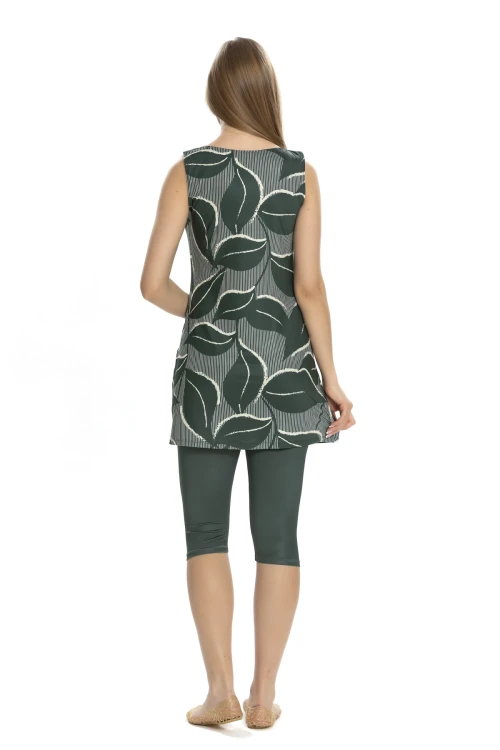 Kadın Haki Yaprak Desen Kolsuz Yarı Kapalı Taytlı Mayo HZL25S-AR152/505