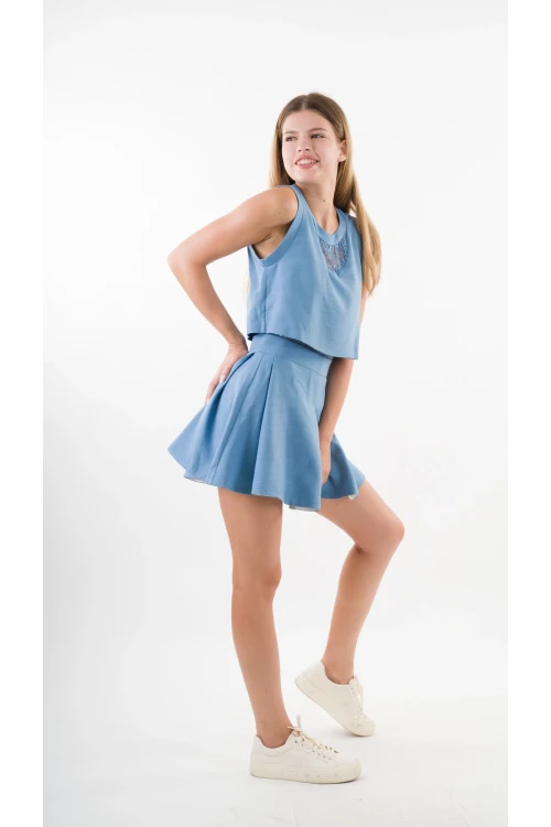 Kadın İndigo Mavi Dantel Desenli Bisiklet Yaka Kolsuz Astarlı Elbise HZL24S-YY10021