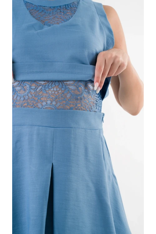 Kadın İndigo Mavi Dantel Desenli Bisiklet Yaka Kolsuz Astarlı Elbise HZL24S-YY10021