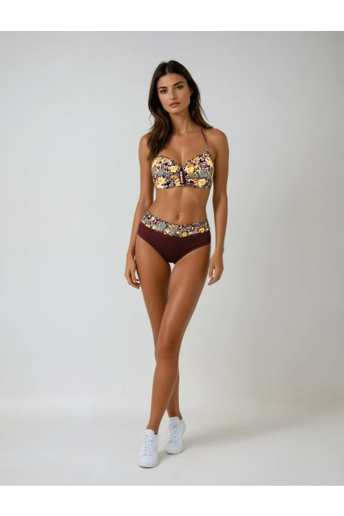 Kadın Kahve Çiçek Desenli Büyük Beden Astarlı Lacivert Bikini Takım HZL25S-LC3301