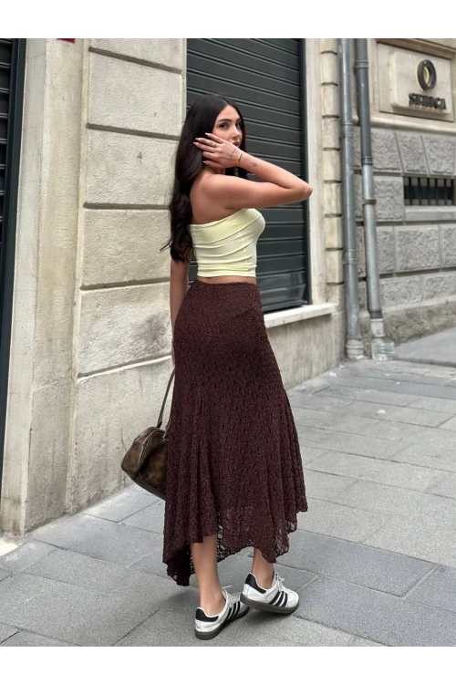 Kadın Kahverengi Asimetrik Kesim Astarlı Dantel Etek HZL25S-ZK13571