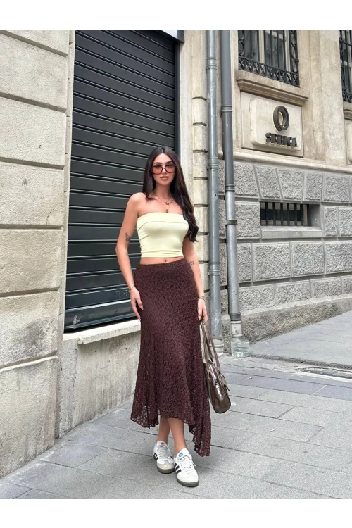Kadın Kahverengi Asimetrik Kesim Astarlı Dantel Etek HZL25S-ZK13571