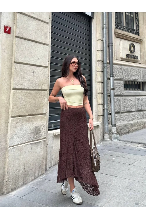 Kadın Kahverengi Asimetrik Kesim Astarlı Dantel Etek HZL25S-ZK13571