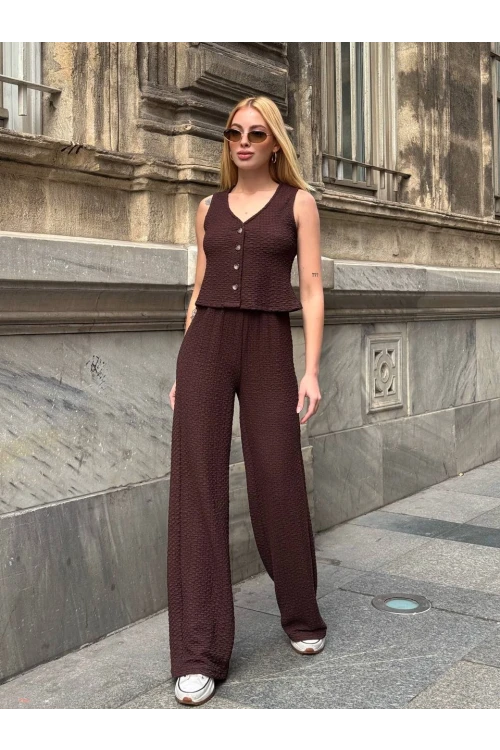 Kadın Kahverengi Beli Lastilkli Gofre Kumaş Pantolon HZL24S-ZK13261