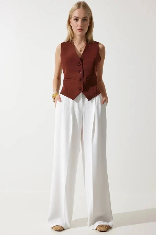 Kadın Kahverengi Düğmeli Astarlı Yelek HZL25S-BD167961