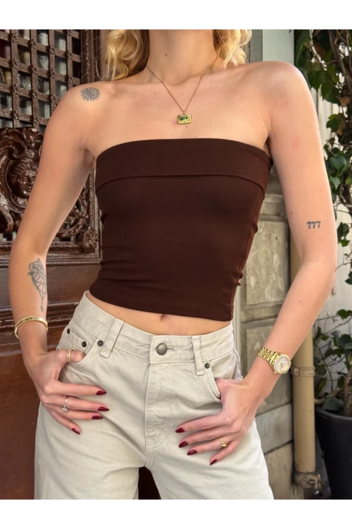 Kadın Kahverengi Katlamalı Straplez Bluz HZL24S-ZK11301