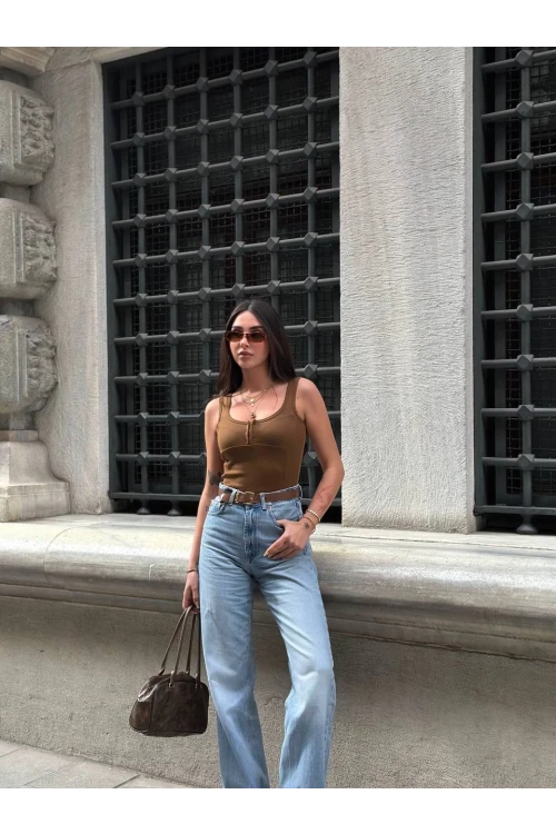 Kadın Kahverengi Önü Çıt Çıt Kapamalı Crop HZL25S-ZK11671