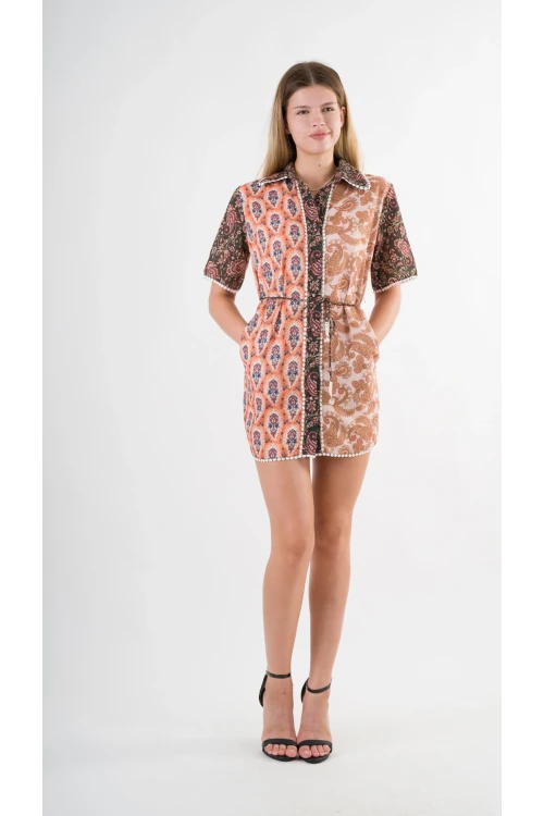 Kadın Kahverengi Sarı İp Kemerli Küpürlü Gömlek Görünümlü Elbise HZL24S-YY237