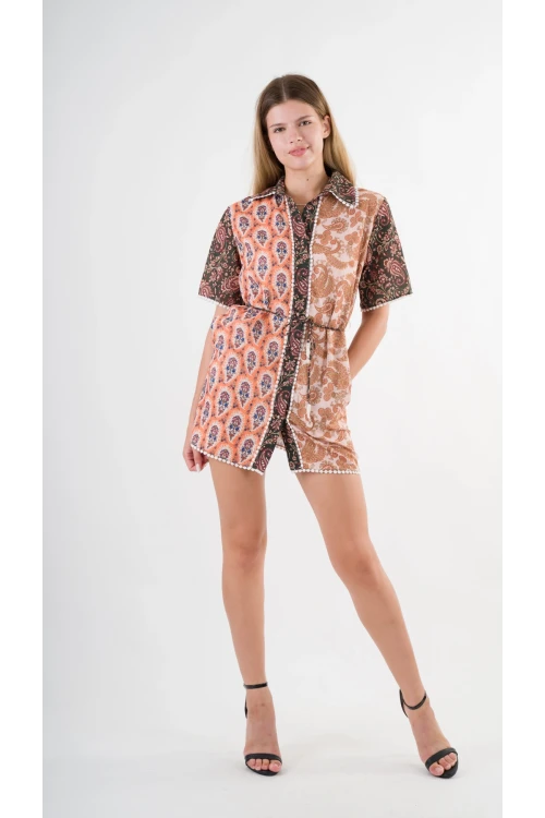 Kadın Kahverengi Sarı İp Kemerli Küpürlü Gömlek Görünümlü Elbise HZL24S-YY237