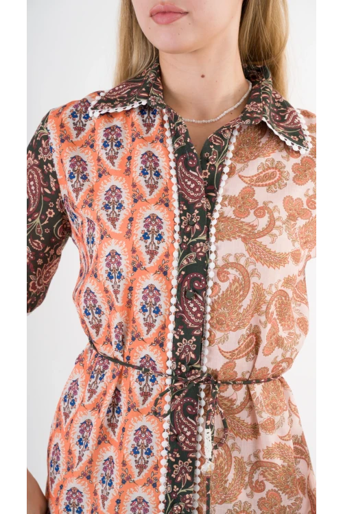 Kadın Kahverengi Sarı İp Kemerli Küpürlü Gömlek Görünümlü Elbise HZL24S-YY237