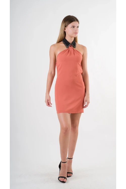 Kadın Kiremit Halter Yaka Saten Kumaş Sırt Dekolteli Mini Elbise HZL24S-YY262