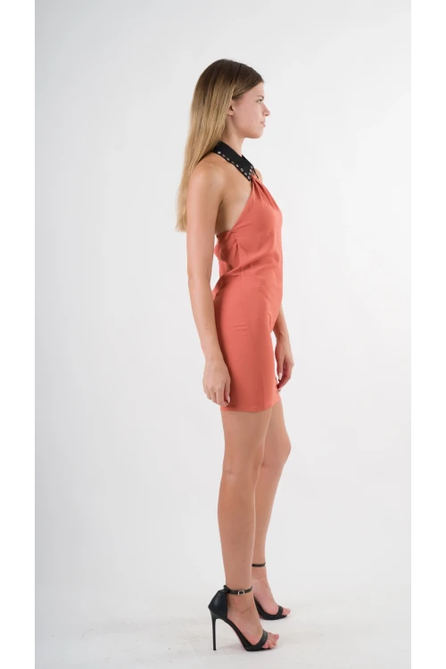 Kadın Kiremit Halter Yaka Saten Kumaş Sırt Dekolteli Mini Elbise HZL24S-YY262