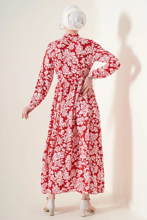 Kadın Kırmızı Desenli Hakim Yaka Yazlık Uzun Elbise HZL25W-BD122971