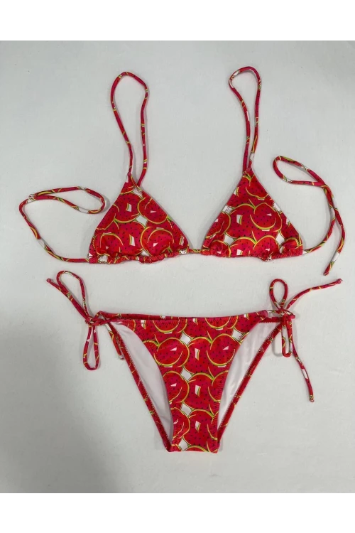 Kadın Kırmızı Karpuz Desen Boyundan İp Bağlamalı Üçgen Bikini Takımı HZL25S-LC5005