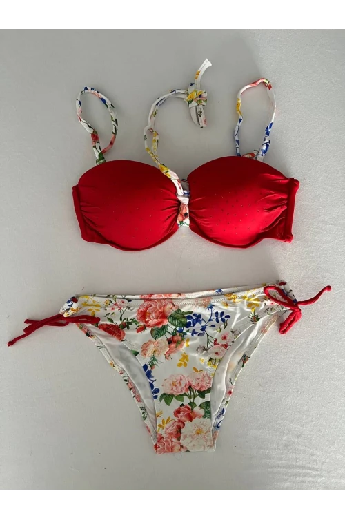 Kadın Kırmızı Taş İşlemeli Astarlı Bikini Takım HZL25S-LC208