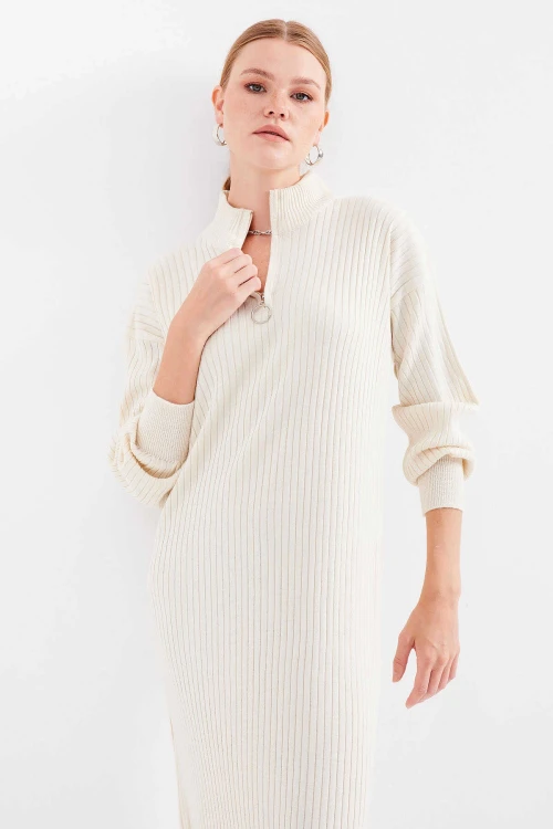 Kadın Krem Fermuarlı Yaka  Fitilli Triko Boydan Elbise HZL24W-BD1102271