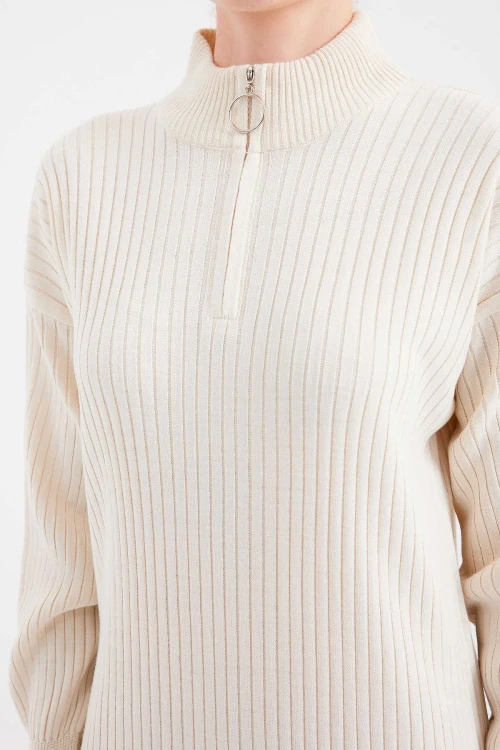 Kadın Krem Fermuarlı Yaka  Fitilli Triko Boydan Elbise HZL24W-BD1102271