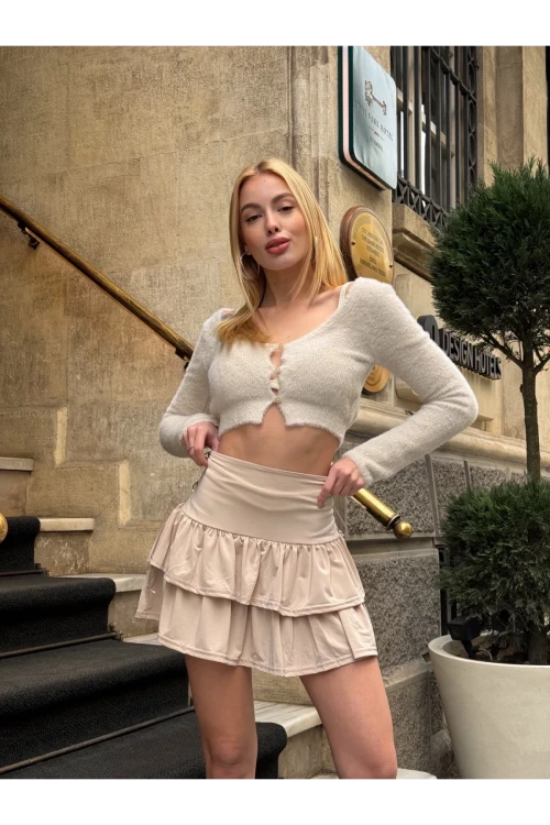 Kadın Krem Kuş Gözlü Fır Fır Detaylı Mini Etek HZL25W-ZK11391