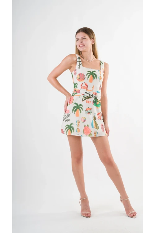 Kadın Krem Tropical Desenli Askılı Sırt Bağlamalı Kuşaklı Mini Elbise HZL24S-YY297