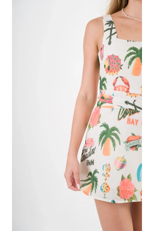 Kadın Krem Tropical Desenli Askılı Sırt Bağlamalı Kuşaklı Mini Elbise HZL24S-YY297