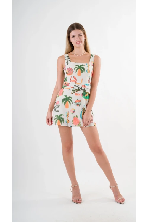 Kadın Krem Tropical Desenli Askılı Sırt Bağlamalı Kuşaklı Mini Elbise HZL24S-YY297