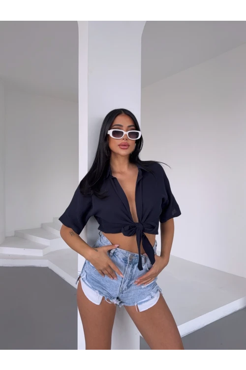 Kadın Lacivert Bağlama Detaylı Müslin Keten Bluz HZL25S-DSB1212
