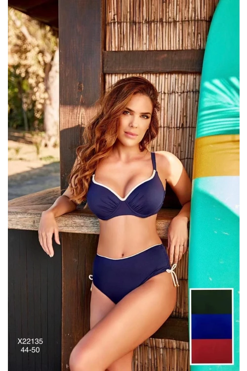 Kadın Lacivert Beyaz Şeritli Yüksek Bel Toparlayıcı Bikini Takım HZL24S-LC2221