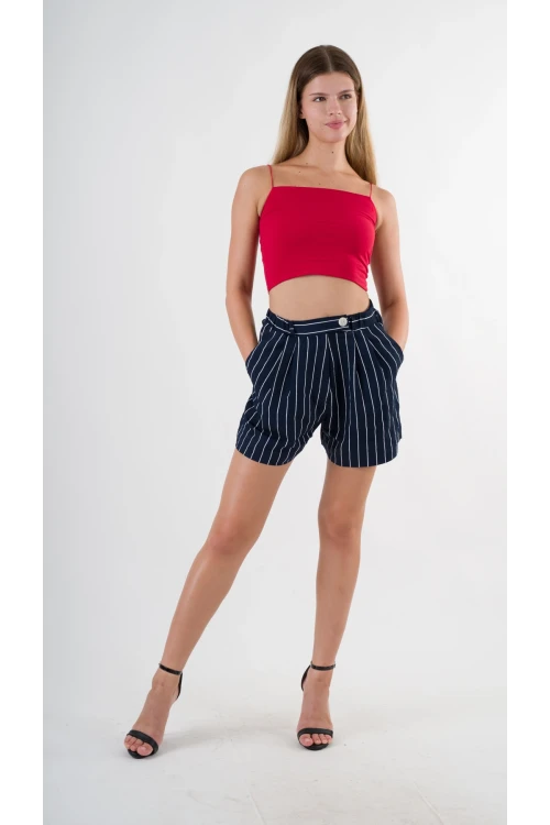 Kadın Lacivert Çizgili  Beli Lastikli Düğme Detaylı Cepli Şort HZL24S-YY277
