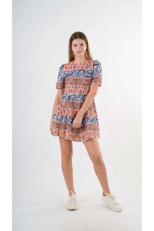 Kadın Lacivert Orange Etnik Desenli Bisiklet Yaka Astarsız Elbise HZL24S-YY238