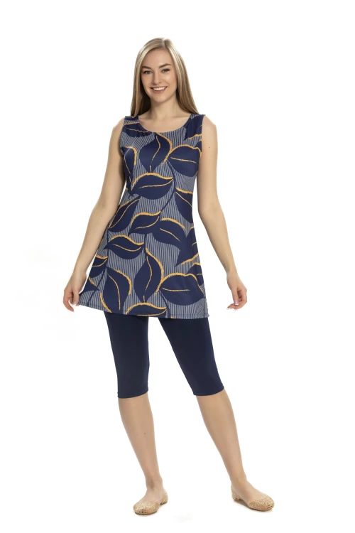 Kadın Lacivert Yaprak Desen Kolsuz Yarı Kapalı Taytlı Mayo HZL25S-AR152/504