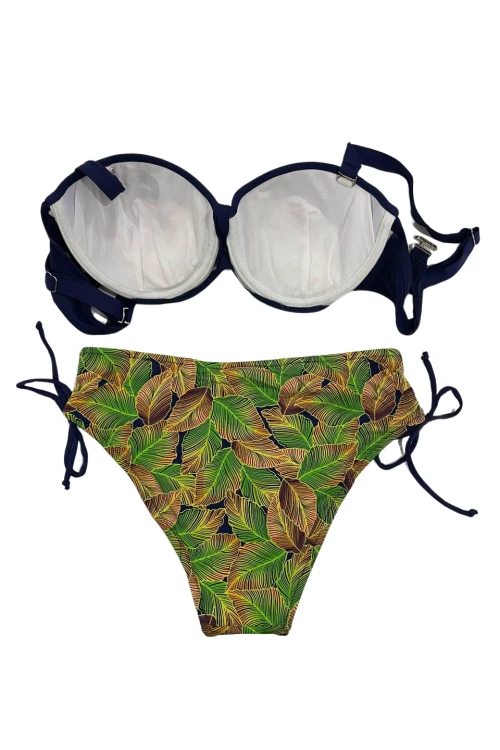 Kadın Lacivert Yaprak Desenli Taş İşlemeli Astarlı Bikini Takım HZL25S-LC3305