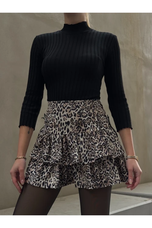 Kadın Leopar Kuş Gözlü Fır Fır Detaylı Mini Etek HZL25W-ZK11391