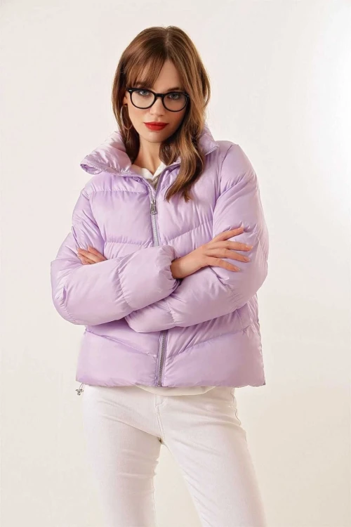 Kadın Lila Dik Yaka Bel Büzgülü Şişme Mont HZL25W-BD131791