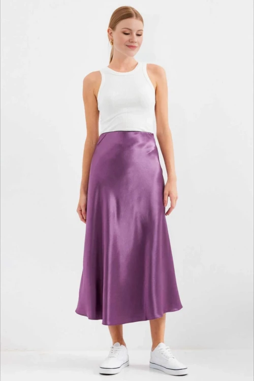 Kadın Lila Saten Yüzeyli Beli Lastikli Midi Boy Etek Hzl23S-BD1101471