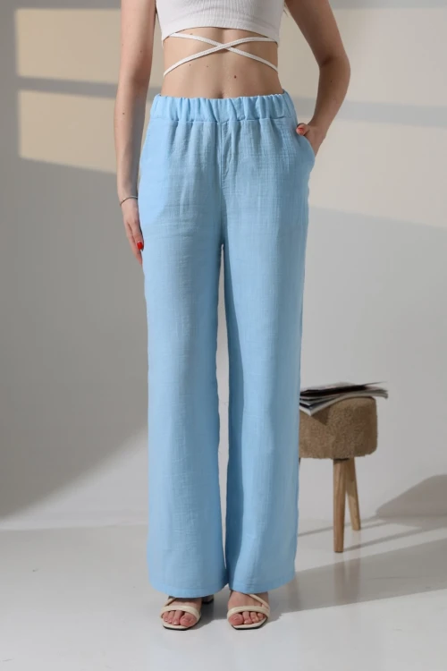 Kadın Mavi Beli Lastikli Müslin Kumaş Bol Paça Pantolon HZL25S-DSB12221