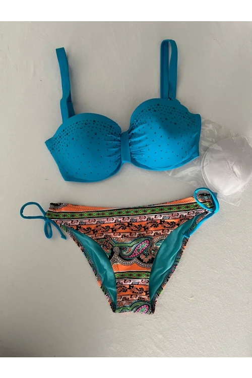 Kadın Mavi Taş İşlemeli Desenli 3 Parça Bikini Takım HZL25S-LC3326