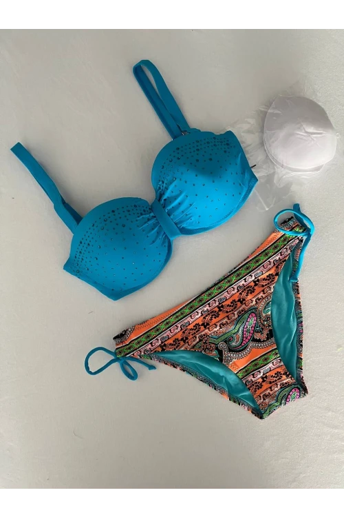 Kadın Mavi Taş İşlemeli Desenli 3 Parça Bikini Takım HZL25S-LC3326