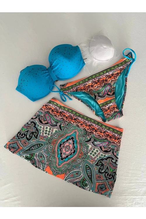 Kadın Mavi Taş İşlemeli Desenli 3 Parça Bikini Takım HZL25S-LC3326