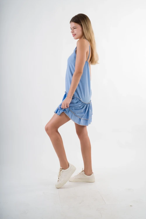 Kadın Mavi V Yaka İp Askılı Eteği Pileli Güpür Detaylı Elbise HZL24S-YY244