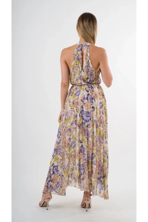 Kadın Mor Çicek Desenli Halter Yaka Kuşaklı Astarlı Uzun Elbise HZL24S-YY233