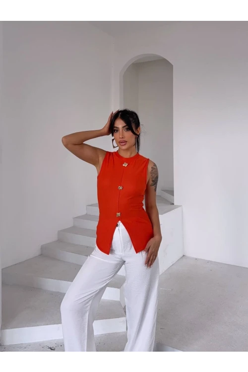 Kadın Oranj Bisiklet Yaka Düğme Detaylı Ottoman Kumaş Bluz HZL25S-FRY123091