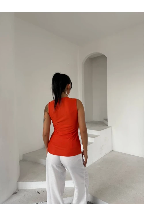 Kadın Oranj Bisiklet Yaka Düğme Detaylı Ottoman Kumaş Bluz HZL25S-FRY123091